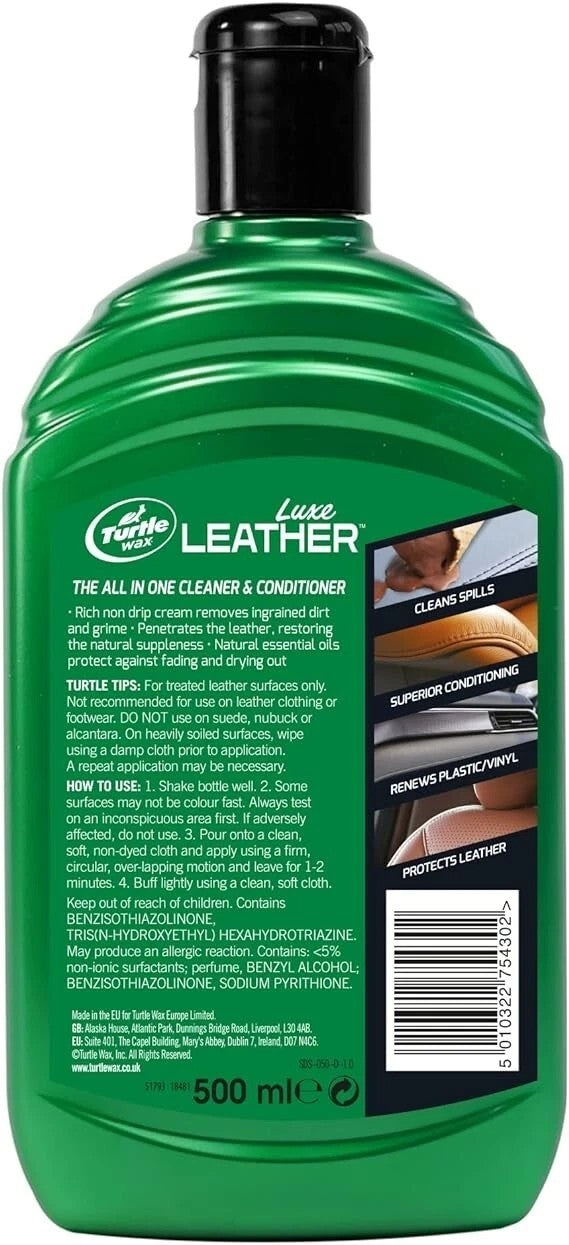 Turtle Wax Luxe Leather Cleaner Conditioner Restores Protects Car Seats 500ml