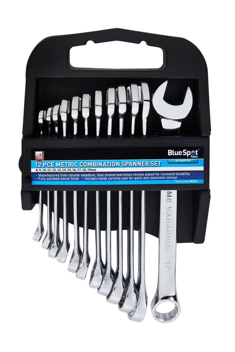 BlueSpot 12pc Combination Spanner Set Metric Steel Polished 8mm - 19mm 04113