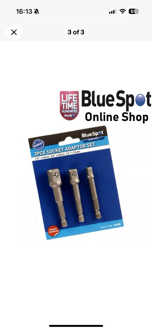 3 PIECE SOCKET ADAPTOR SET HEXAGON-SQUARE DRIVER 1/4" 3/8" 1/2", BLUE SPOT 14108