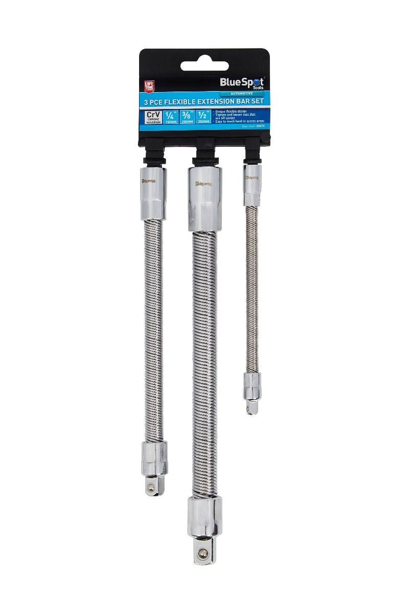BlueSpot 3pc Socket Flexible Extension Bar 1/4" 3/8" 1/2" Drive Set Long Reach