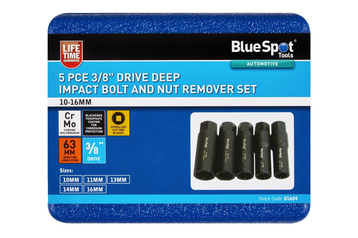 5pc 3/8" Drive Deep Impact Bolt & Nut Remover Socket Set 10mm - 16mm 01604