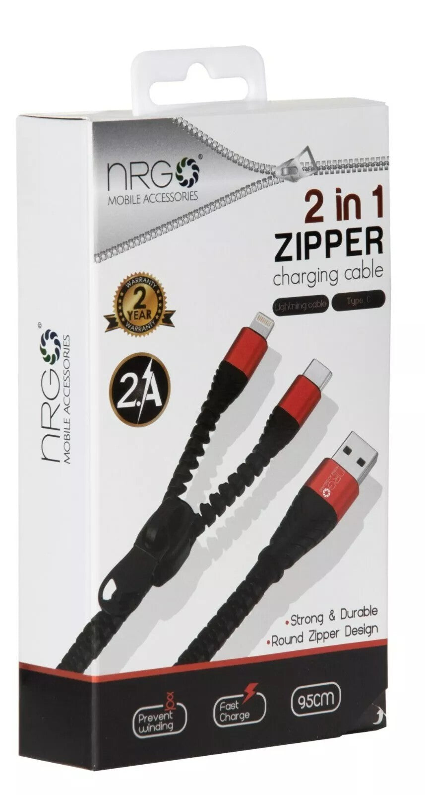 2 in 1 Zipper Charging Cable - iPhone & Type-C- 1 metre