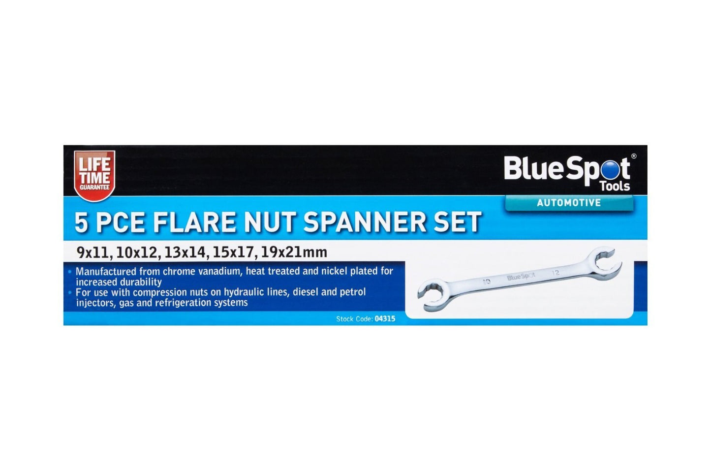 BlueSpot 5pc Flare Nut Wrench Open-Ended Brake Pipe Spanner Set 9mm - 21mm 04315