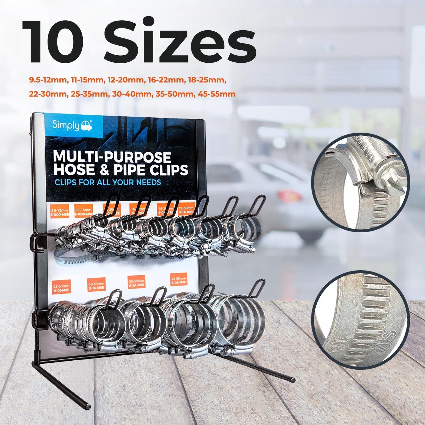 STEEL HOSE CLIP STAND WITH 100 ASSORTED SIZED CLIPS 9.5MM-55MM S-23-003-MSE