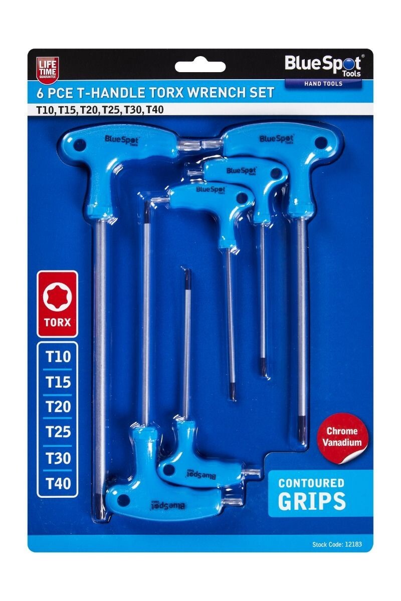 BlueSpot Long Star Torx Allen key Wrench Set T10 - T40 6 Pc T Handle Keys 12183