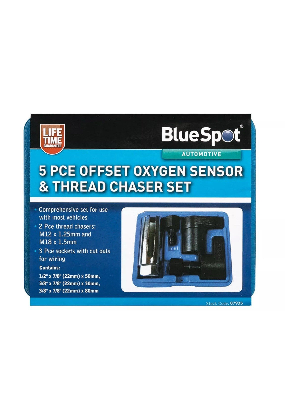 BlueSpot 5pc Deep Oxygen Sensor Socket Thread Chaser 3/8" & 1/2" Set 22mm (7/8")