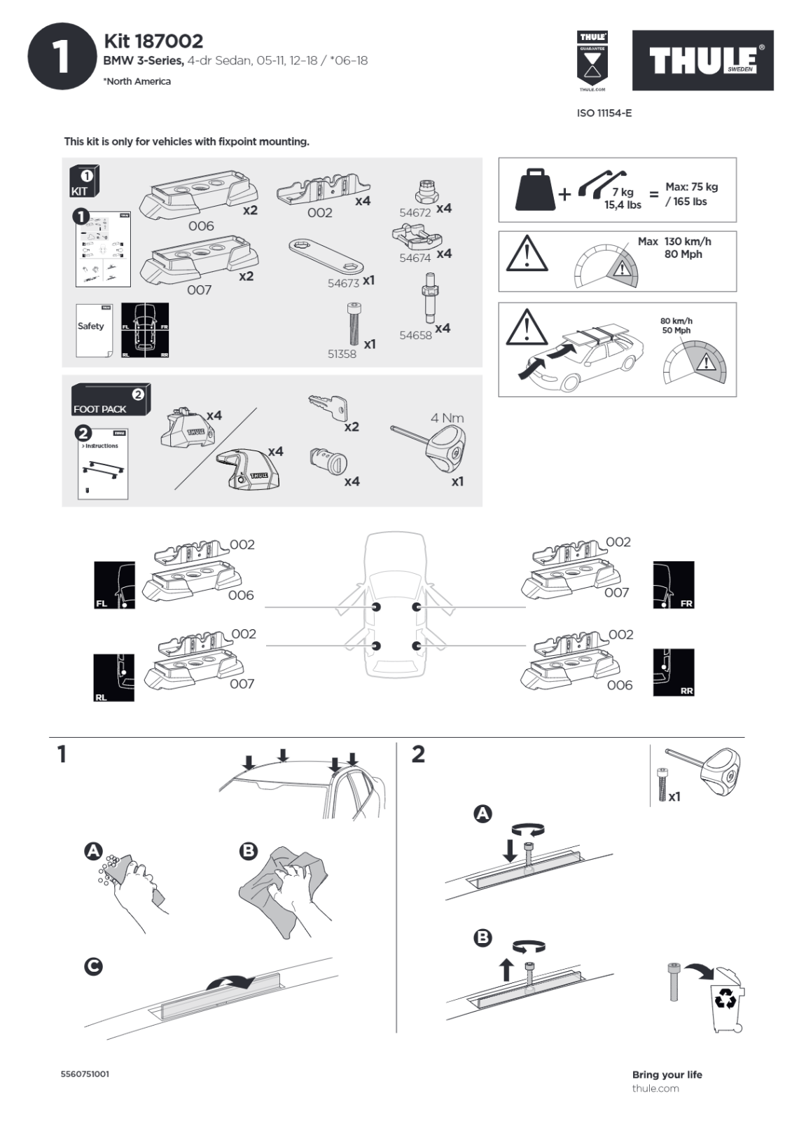 Thule Roof Bar Fitting Kit for Fit Points 187002 4 Pack