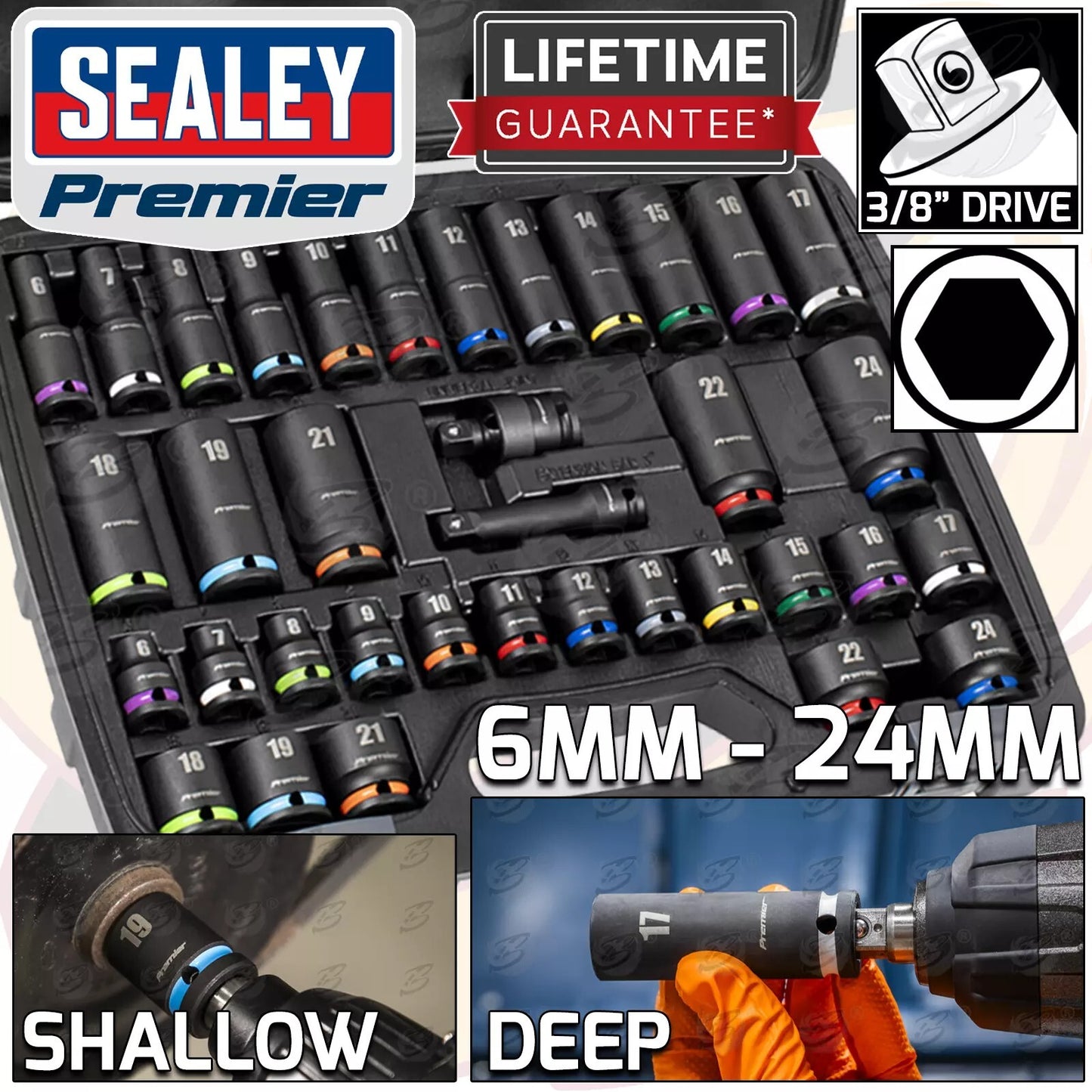 SEALEY DEEP & SHALLOW IMPACT SOCKET Set 3/8"Dr 36pc 6mm-24mm 6pt Hex Sockets Set