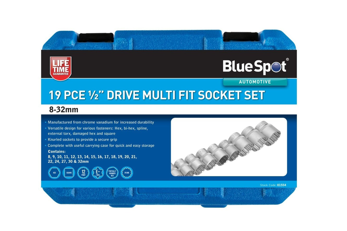 Multi Fit Socket Set 1/2" Drive 19pc 8-32mm Hex Bi-Hex Spline Square Torx