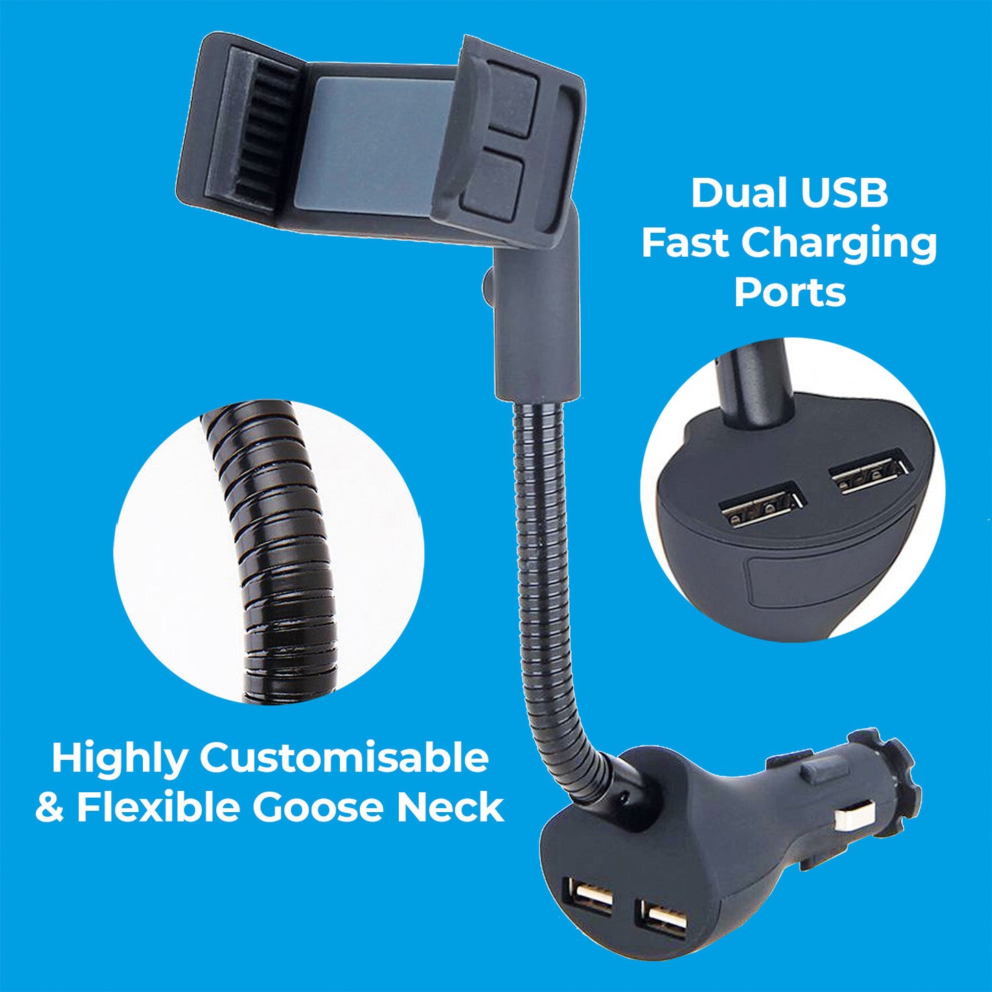 2-Port In-Car USB Charger & Holder, 5V, 2.1A - SIMPLY PH006
