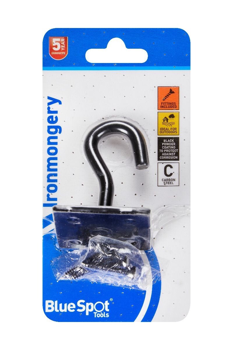 Blue Spot Tools Ironmongery 50mmx50mm Black Powder Coated Hook on Plate bsp78067