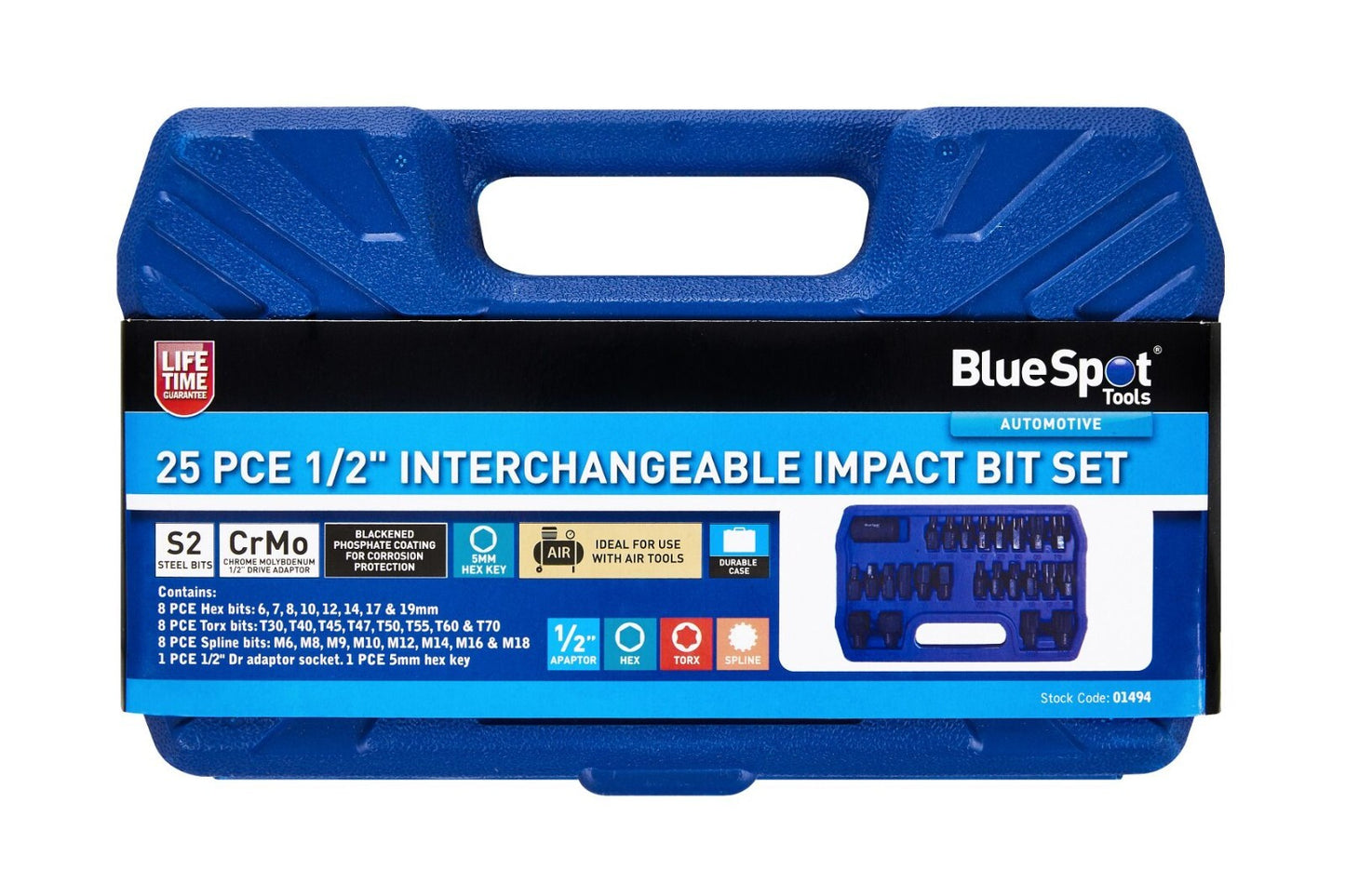 Blue Spot 25 PCE 1/2" Interchangeable Impact Bit Set (H6-H19) (T30-T70) 01494