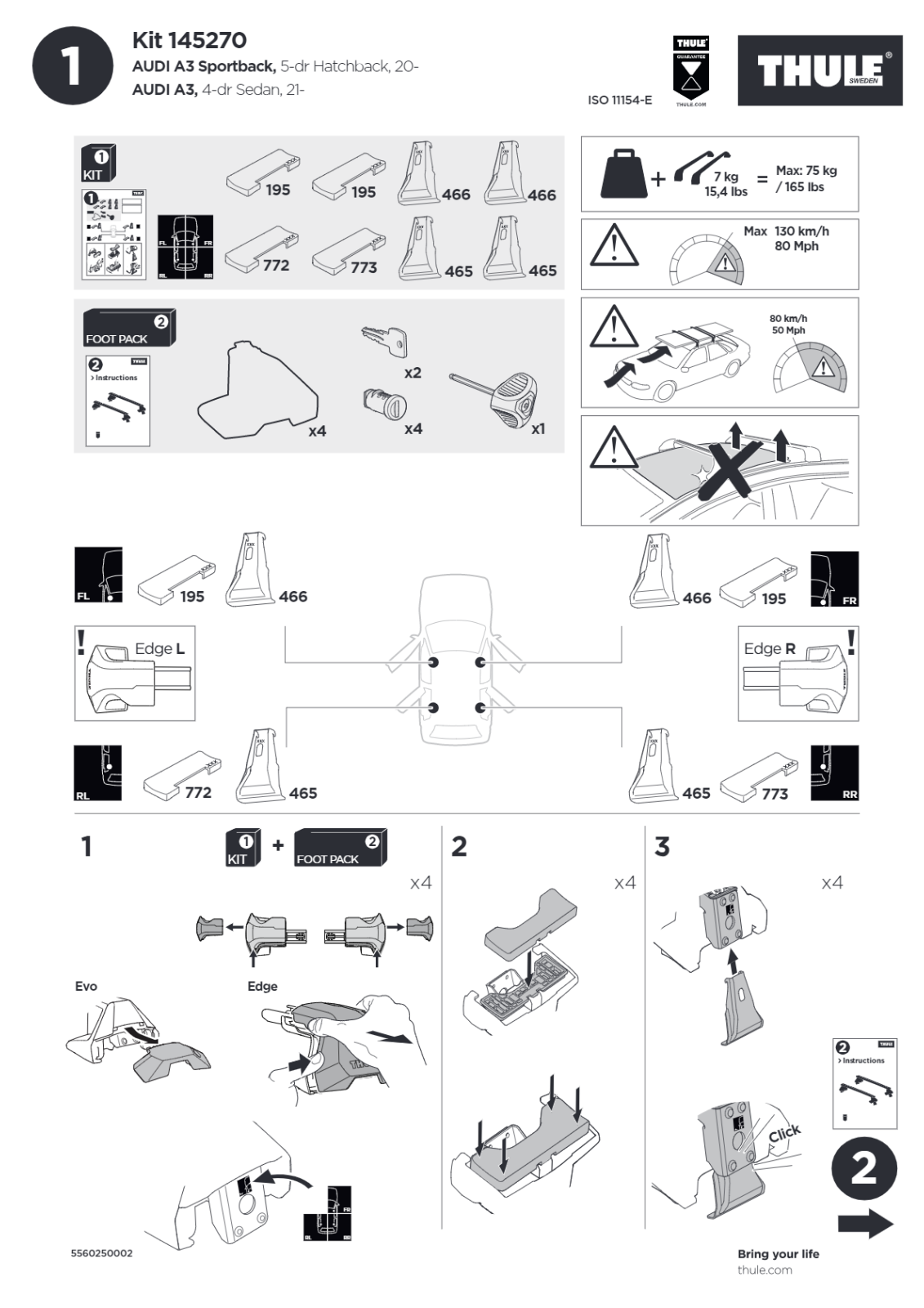 Thule Clamp Kit 145270 - 1 Kit Pack of 4 fits Mounting Thule Roof Rack System