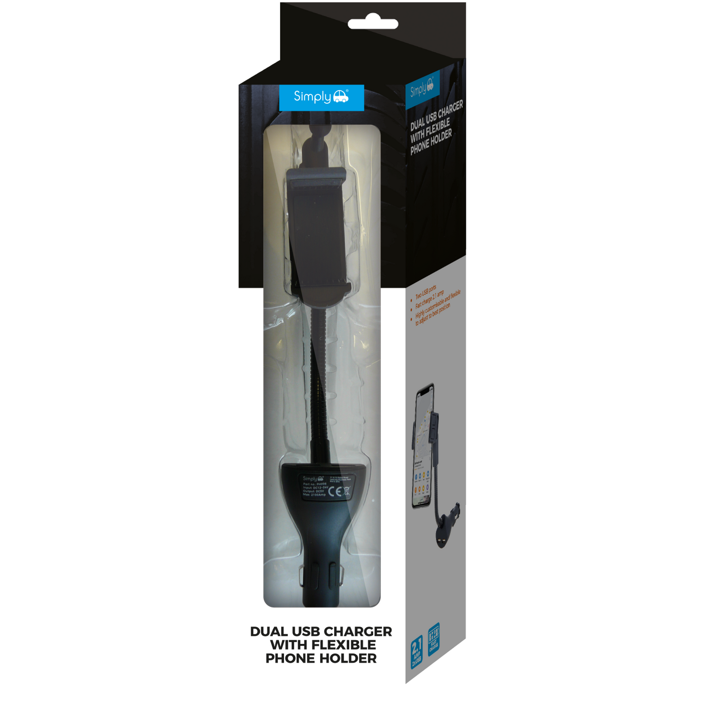 2-Port In-Car USB Charger & Holder, 5V, 2.1A - SIMPLY PH006
