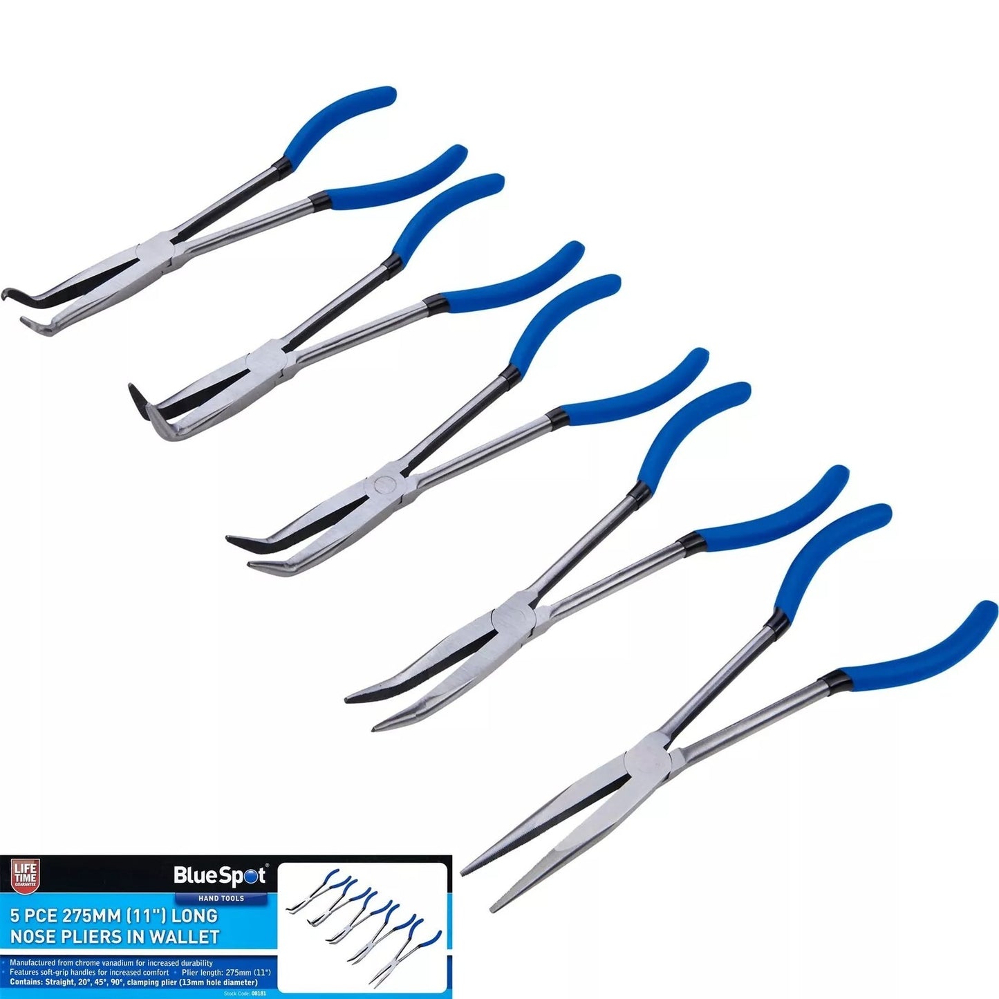 Blue Spot Tools Long Nose Plier 5 Piece Set In Wallet 275mm Soft Grip Handle