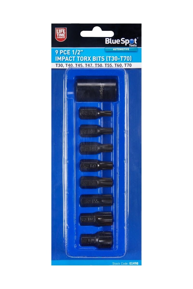 9PC IMPACT TORX BIT SET T30, T40, T45, T47, T50, T55, T60, T70 1/2" DRIVE 01498