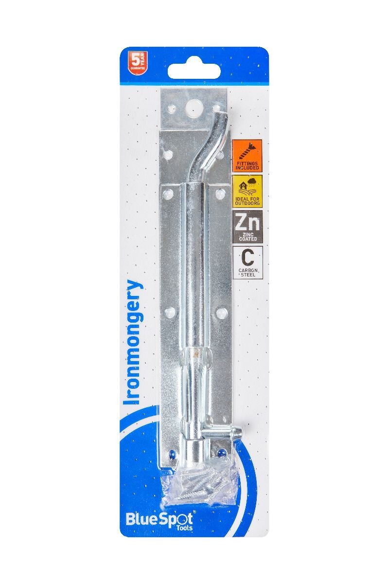 Blue Spot Tools Ironmongery 200mm Zinc Plated Necked Tower Bolt bsp78064