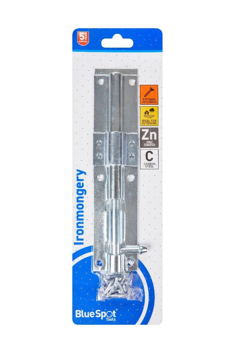 Blue Spot Tools Ironmongery 200mm Zinc Plated Tower Bolt bsp78008