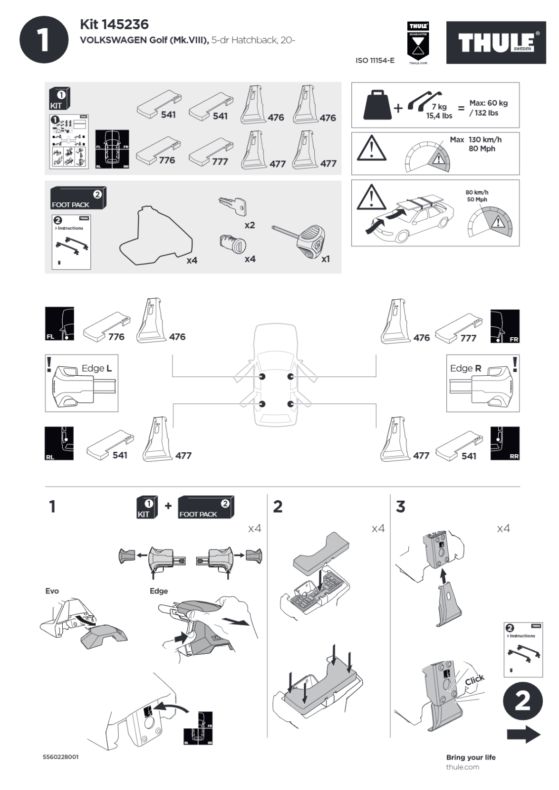 Thule Clamp Kit 145236 - 1 Kit Pack of 4 fits Mounting Thule Roof Rack System