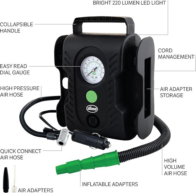 Slime Tyre Inflator Pump Multi-Purpose Ideal for Tyres, Mattresses & Inflatables