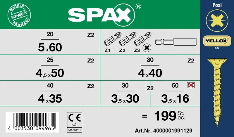 Spax Screw Assortment Box Kit Pozi Yellow with Bits 199/245 Pcs German Made