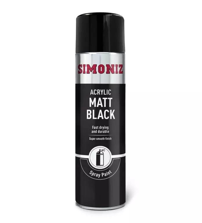 Simoniz Matt Black Acrylic Spray Paint Aerosol 500ml Smooth Finish