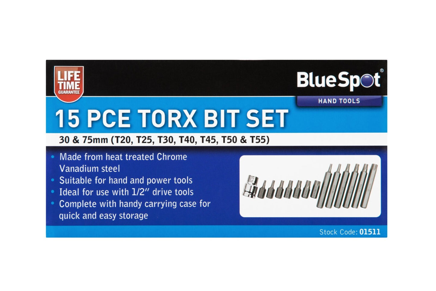 BlueSpot 15 Pc Torx Bit Set T20 - T55 With 1/2" Dr Adaptor 01511