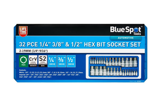 Blue Spot Tools 32 Piece Socket Hex Bit Set 1/4'' 3/8'' & 1/2''D In Case 01561