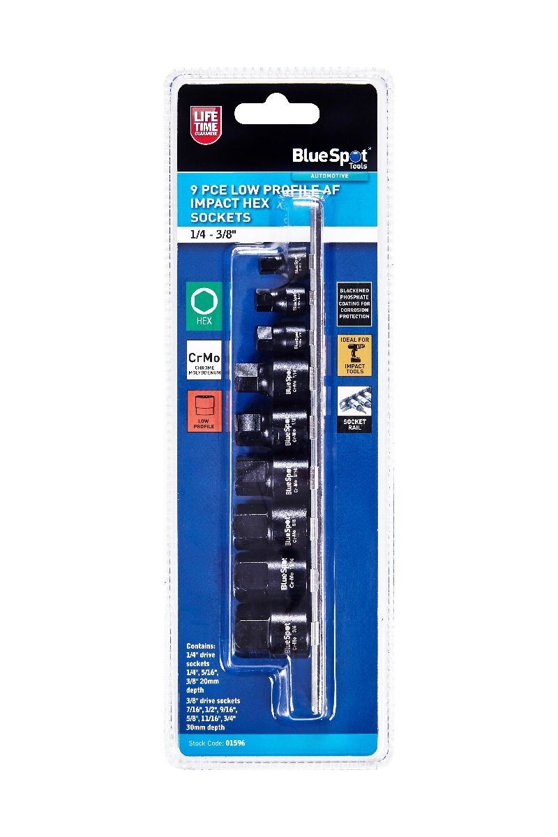 9 PCE 1/4-3/8" Low Profile AF Impact Hex Sockets (1/4"-3/4") 01596