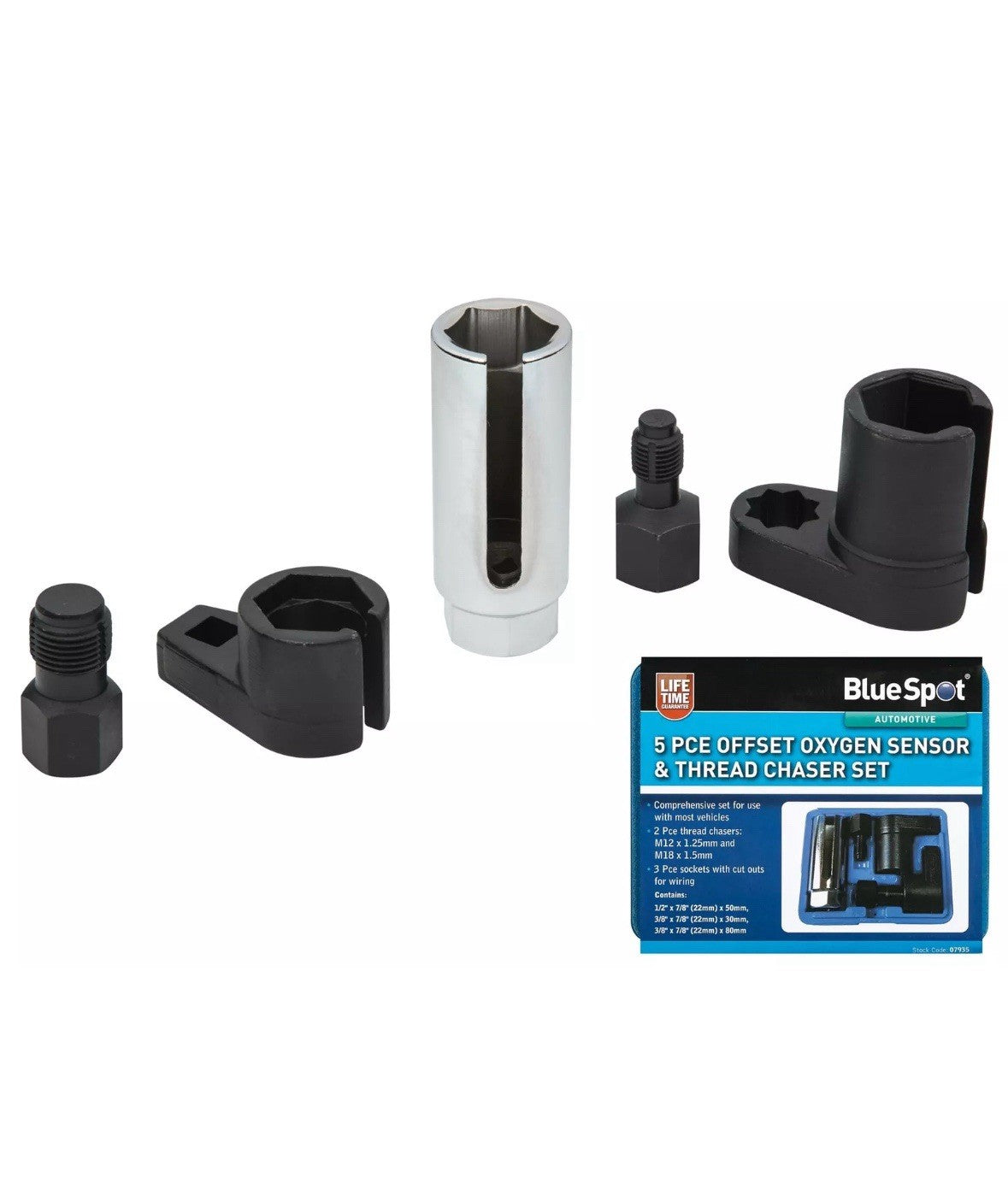 BlueSpot 5pc Deep Oxygen Sensor Socket Thread Chaser 3/8" & 1/2" Set 22mm (7/8")