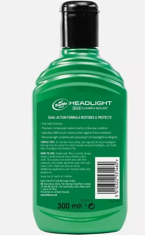 Turtle Wax 53146 Headlight Cleaner & Sealant Liquid Increases Brightness 300Ml