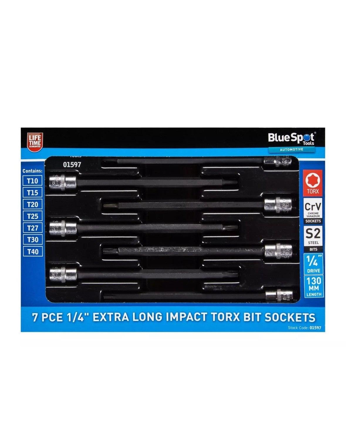 Impact Torx Bit Socket Set Extra Long 1/4" Drive T10 - T40 130mm Long Bluespot