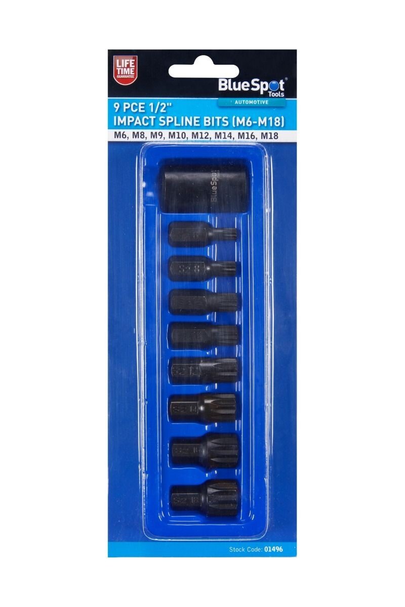 BlueSpot 9pc Impact Spline Bit Socket Set M6-M18 S2 Steel 1/2" Drive 01496