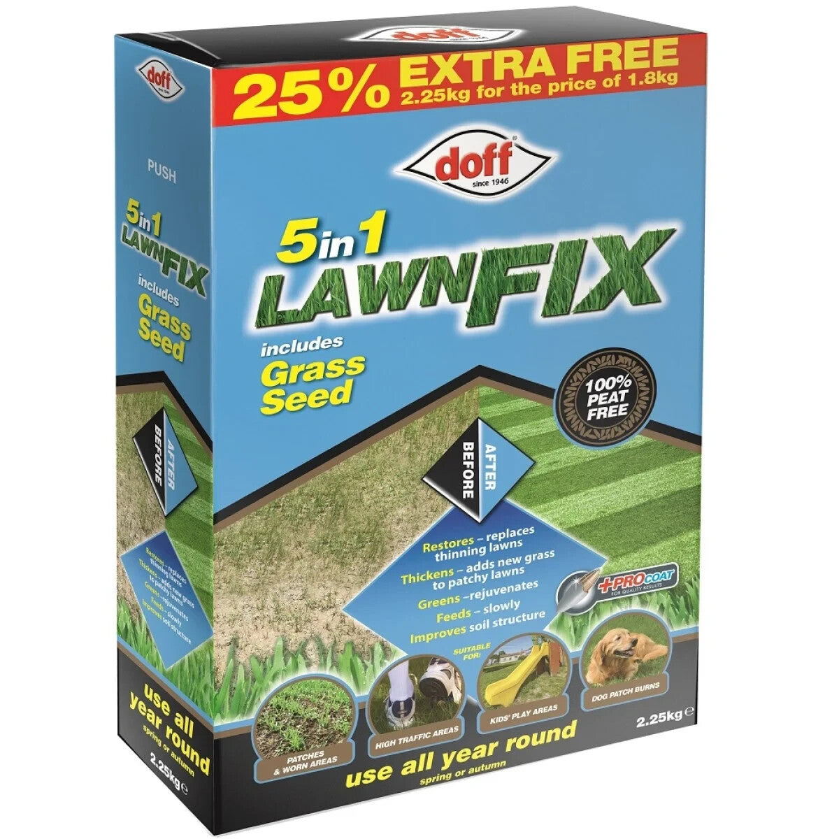 Doff 2.25kg 5-in-1 Lawn Fix & Grass Seed Peat Free Garden Lawn Fertiliser