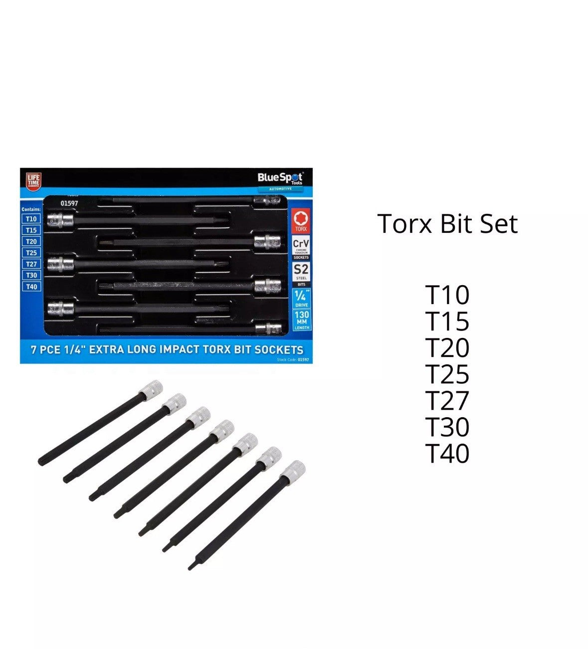 Impact Torx Bit Socket Set Extra Long 1/4" Drive T10 - T40 130mm Long Bluespot