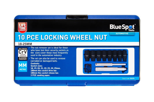 BlueSpot 10pc Locking Wheel Nut Remover 18 - 25mm Emergency Nut Socket Set 01575