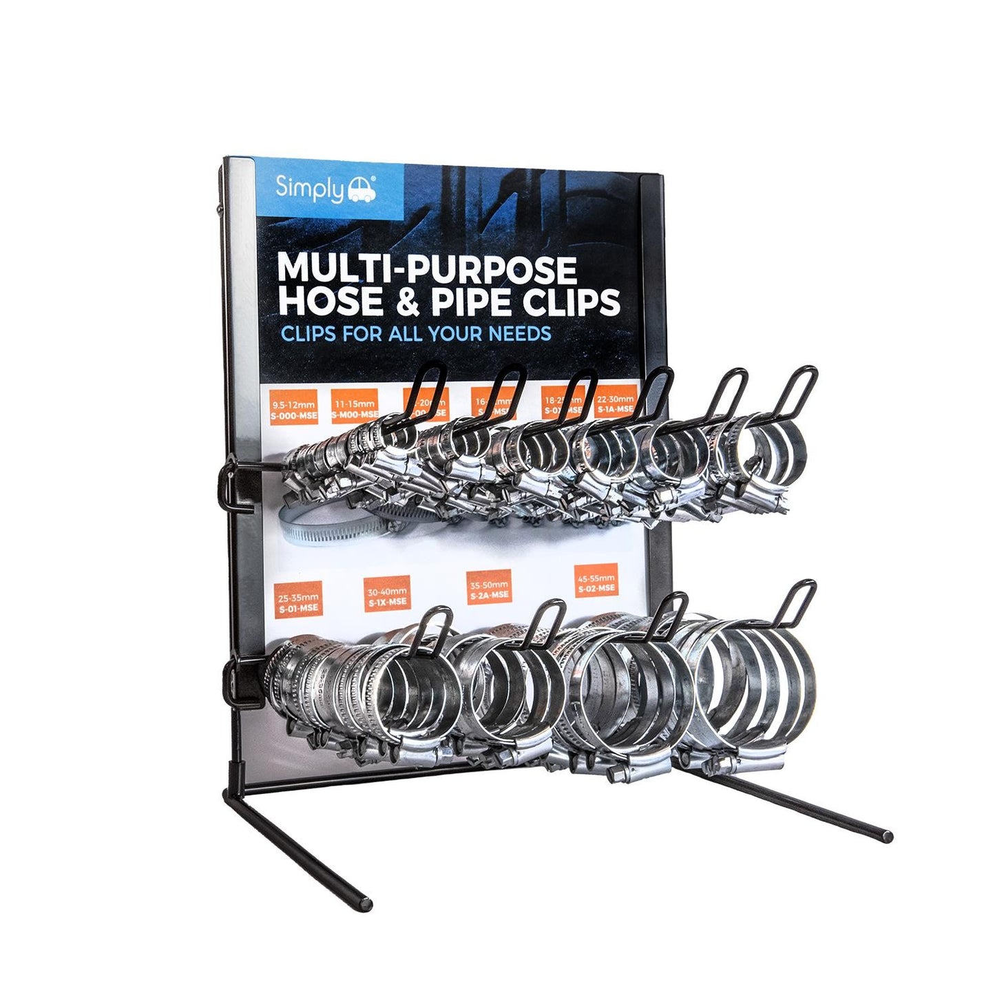 STEEL HOSE CLIP STAND WITH 100 ASSORTED SIZED CLIPS 9.5MM-55MM S-23-003-MSE