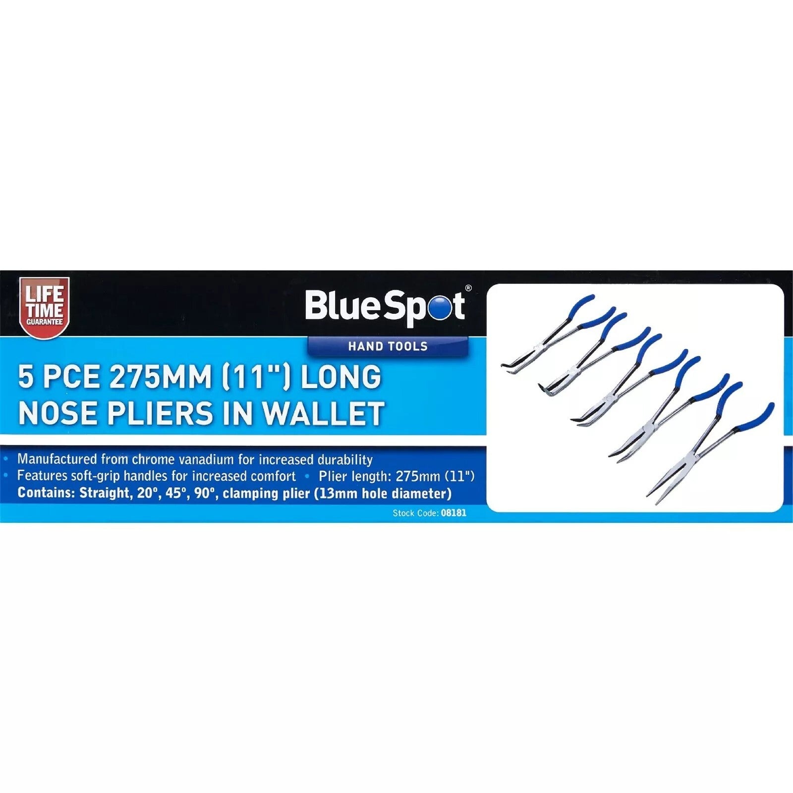 Blue Spot Tools Long Nose Plier 5 Piece Set In Wallet 275mm Soft Grip Handle