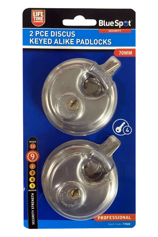 BlueSpot 2pc Discus Security Padlock Steel Shackle 4 Keys 70mm Lock 77028