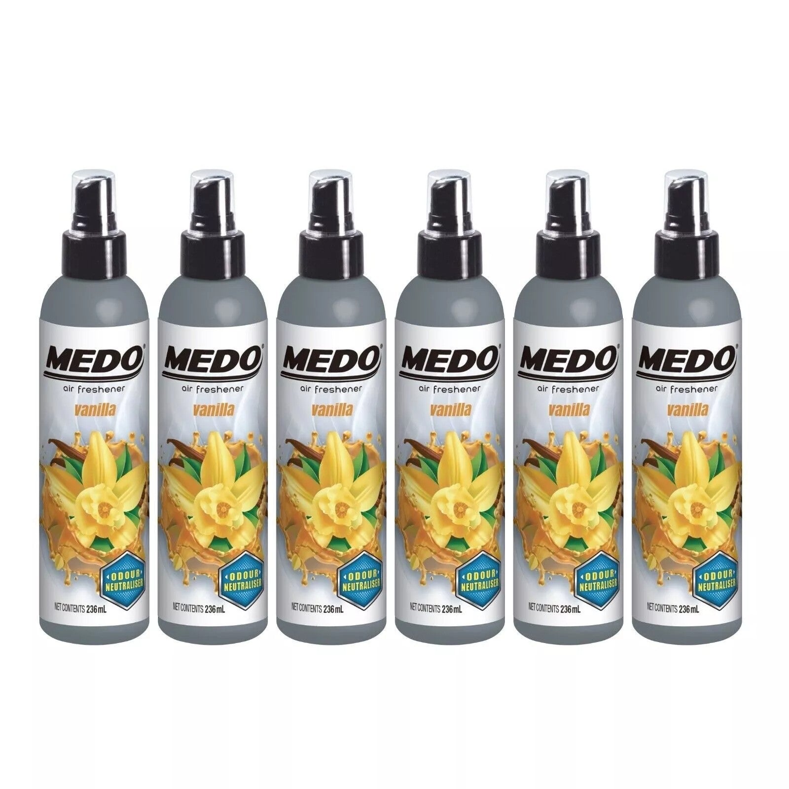 6 x Medo Pump Spray Odour Neutraliser Car Air Freshener Scent - Vanilla