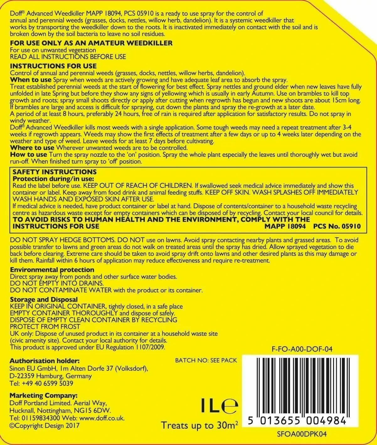 1 L Doff Advanced Glyphosate Knockdown Weed killer Spray Kills Weeds/Roots
