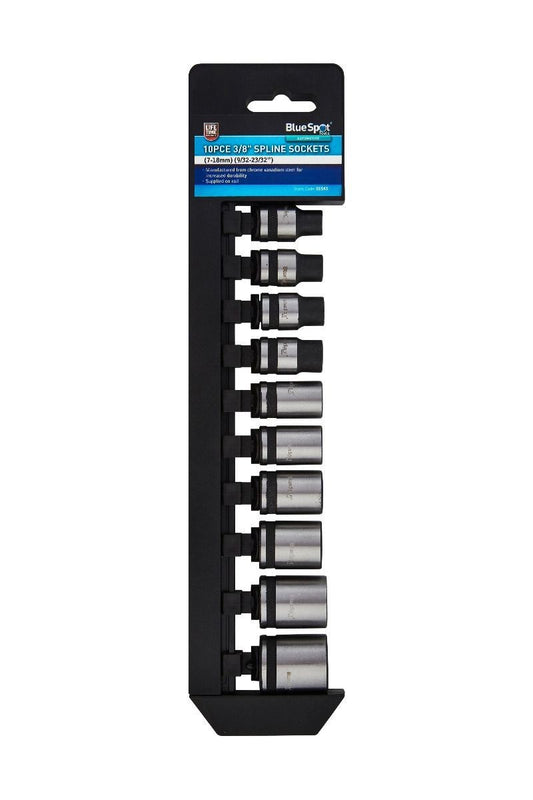BlueSpot Spline Socket Set 12 Point Metric & SAE Sockets 3/8" Drive 10Pcs 01543