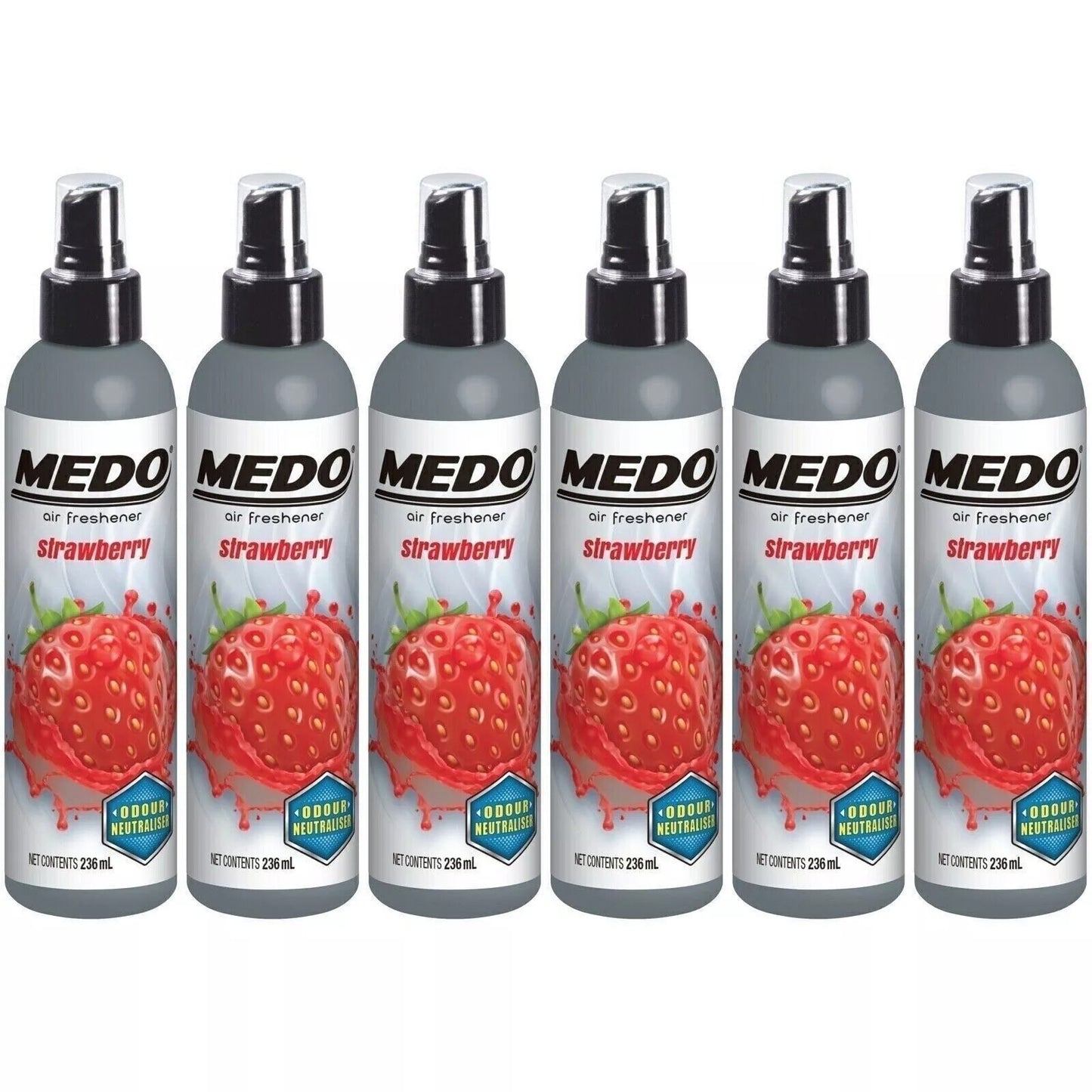 6 x Medo Pump Spray Odour Neutraliser Car Air Freshener Scent - Strawberry