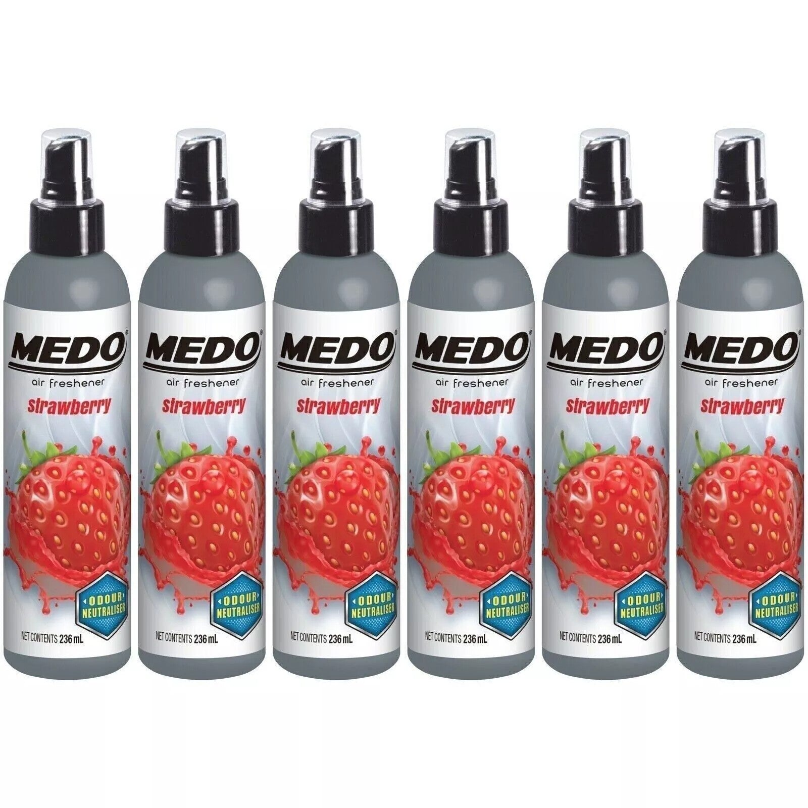 6 x Medo Pump Spray Odour Neutraliser Car Air Freshener Scent - Strawberry