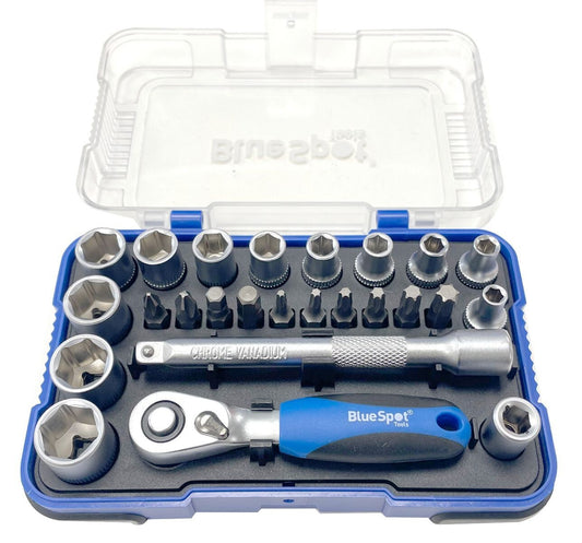 BlueSpot 25pc Screwdriver Bit Offset Ratchet Handle Socket Set 1/4" bsp01493
