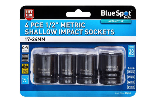 4pc 1/2" Drive Metric Shallow Impact Sockets Socket Set 10mm - 19mm 01650