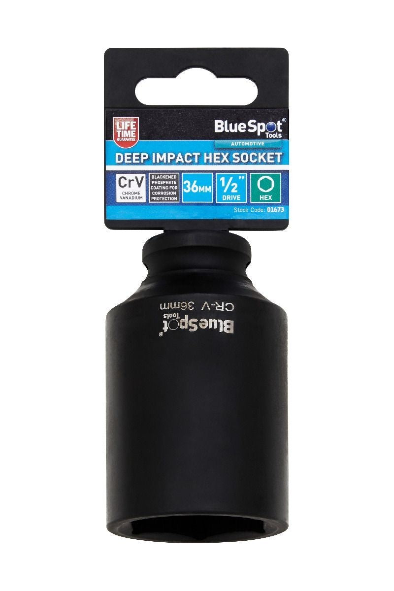BlueSpot 36mm Deep Socket Impact Hex 6 Point Single  Steel 1/2" Drive bsp01673