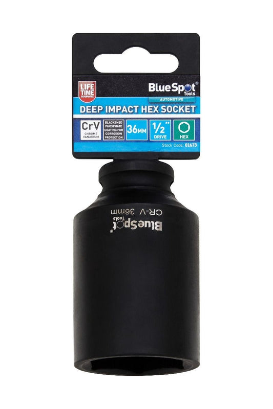 BlueSpot 36mm Deep Socket Impact Hex 6 Point Single  Steel 1/2" Drive bsp01673