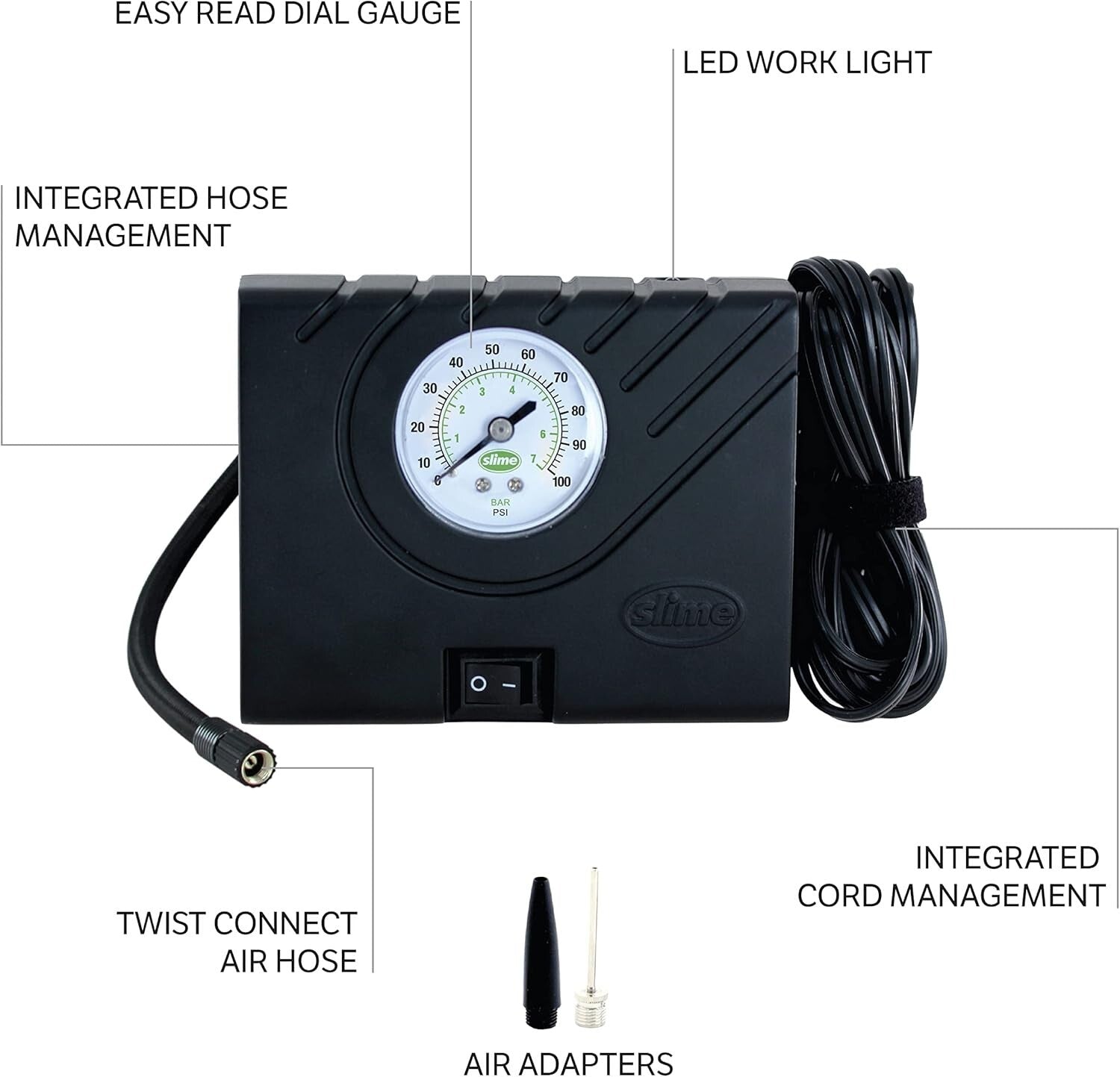 Slime Tyre Inflator Pump Sport Power, Travel Size & Case, LED Light
