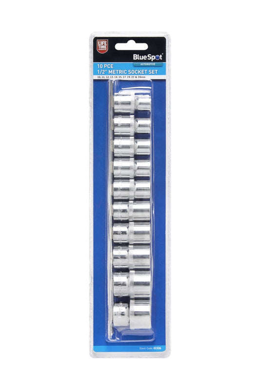 Bluespot 10 PCE 1/2" DR Metric Socket Set On Storage Rail 10 - 24mm 6 Point